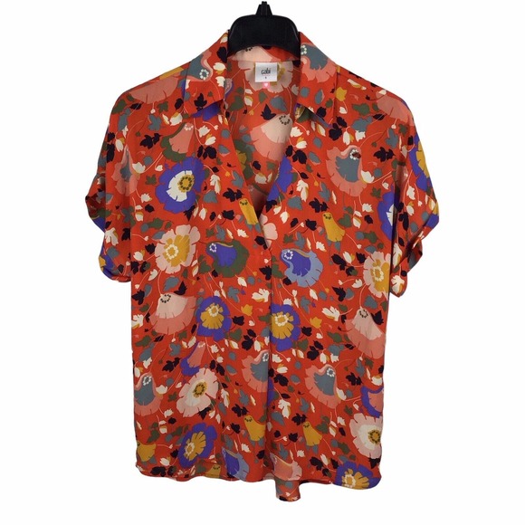 Cabi | Top Floral Visionary Replay Orange Short Sleeve V Neck Collar Size Small - Picture 2 of 6